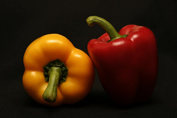 Yellow and red bell peppers on a black background