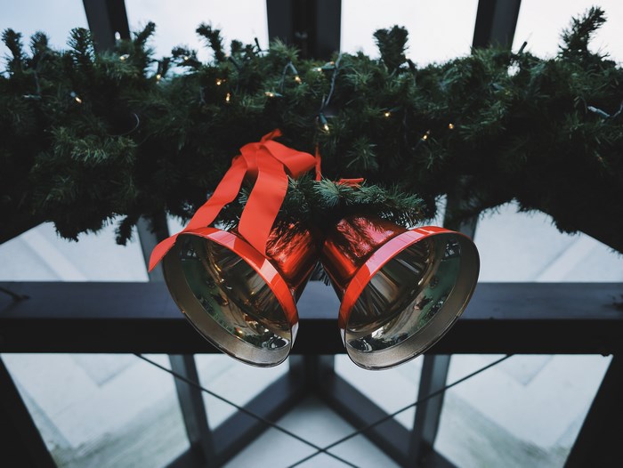 Christmas Bells with Red Ribbon and Garland
