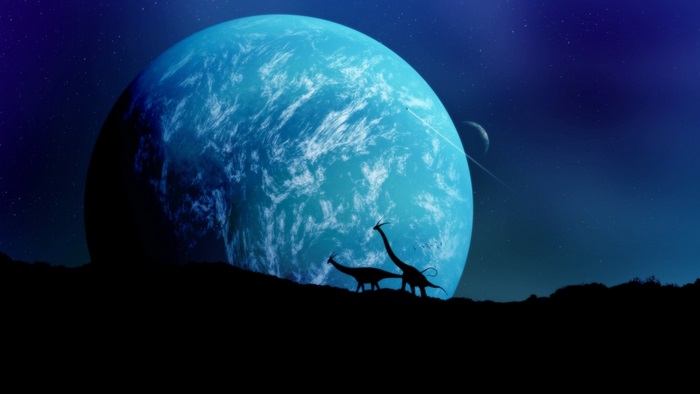 Dinosaurs on alien planet with large blue planet in sky