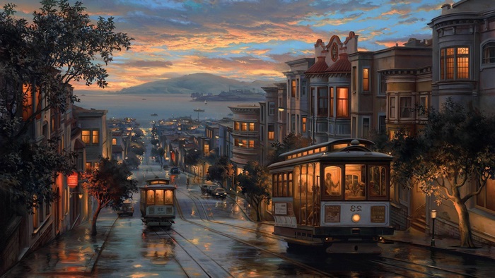 4K Sunset Over City Street with Vintage Trams