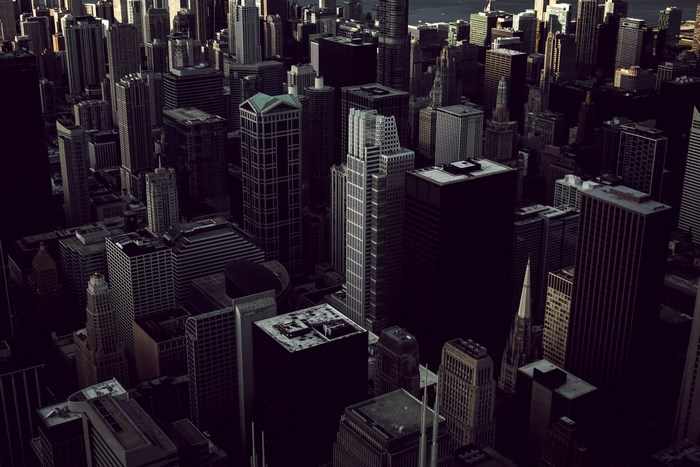 Aerial view of Chicago skyscrapers at dusk