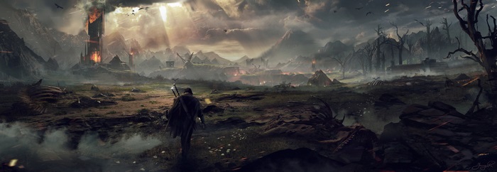 Man walking through a desolate landscape with a tower