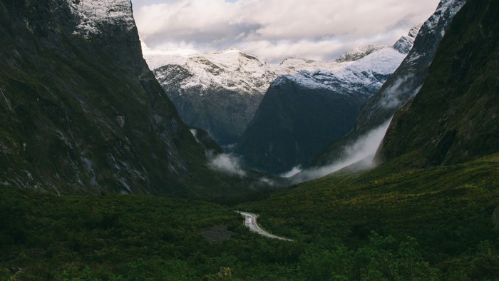 New Zealand South Island Valley with Snow-Capped Mountains