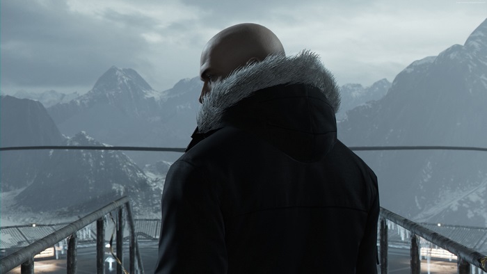Agent 47 from Hitman in snowy mountains