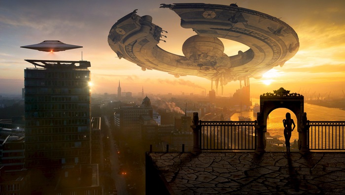 Spaceship hovering over city at sunset 4K