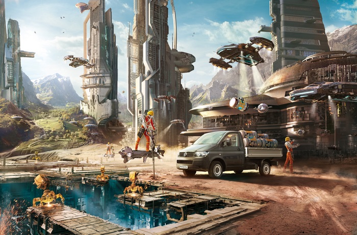 Futuristic Cityscape with Workers and Vehicles