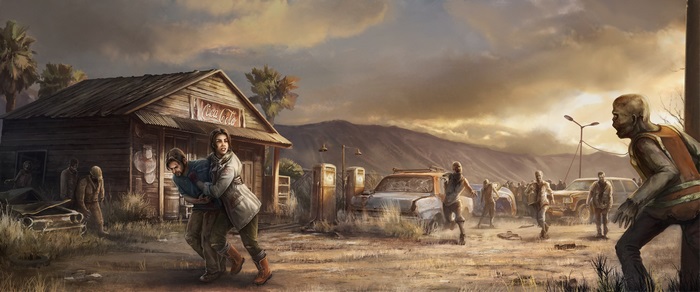 Survivors fleeing zombies at a rundown Coca-Cola gas station