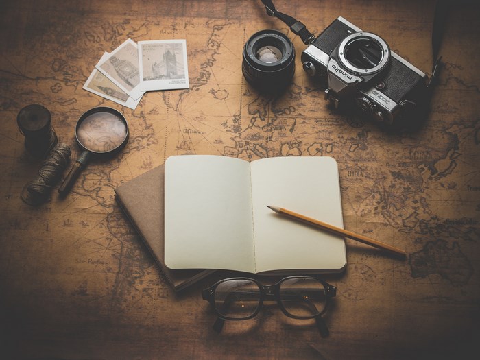 Traveler's gear laid out on a vintage map