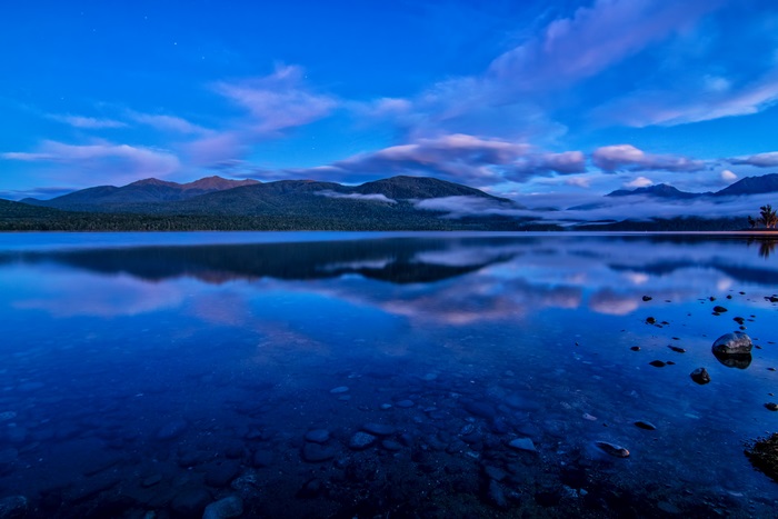 Lake and mountains at twilight with reflections