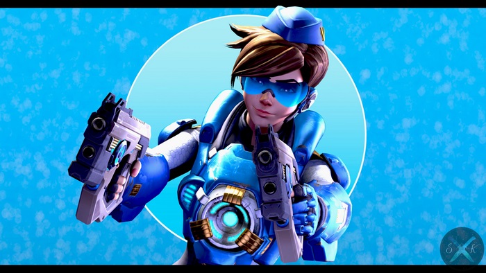 Tracer from Overwatch in blue armor