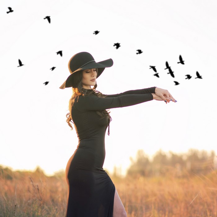 Woman in black dress and hat with birds
