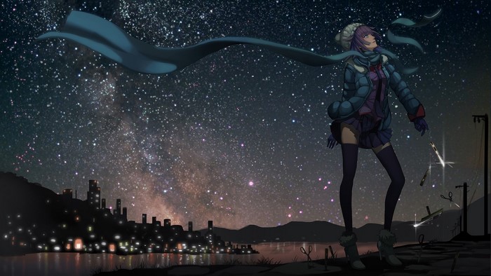Hitagi Senjougahara from Monogatari Series under the stars