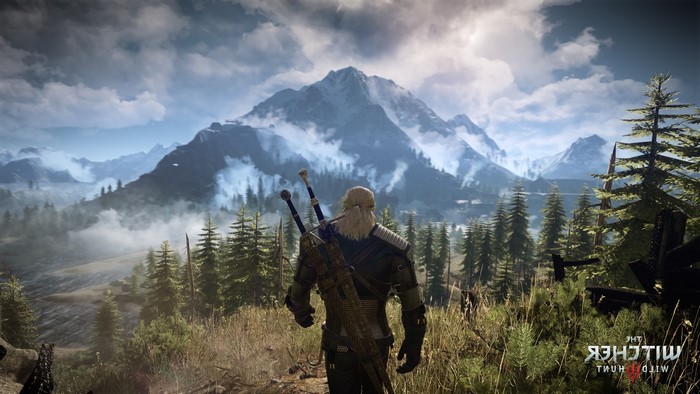 Geralt of Rivia from The Witcher 3 Wild Hunt in a mountain landscape