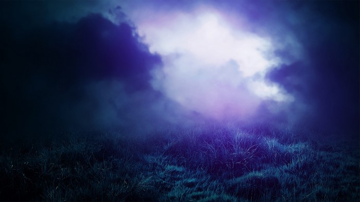 Abstract landscape with purple clouds and grass