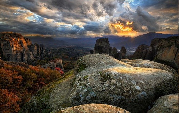 Meteora Greece Monastery on Cliffs at Sunset
