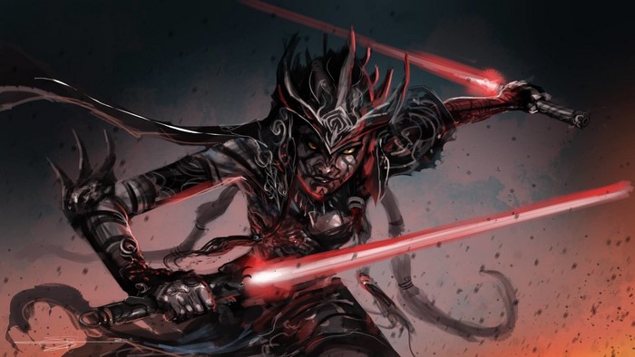 Sith warrior with two red lightsabers from Star Wars