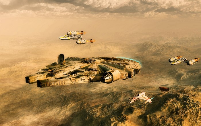 Star Wars Millennium Falcon and Y-wings over desert planet