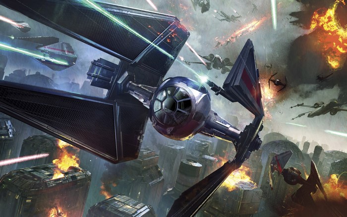Star Wars TIE Interceptor battle over a city