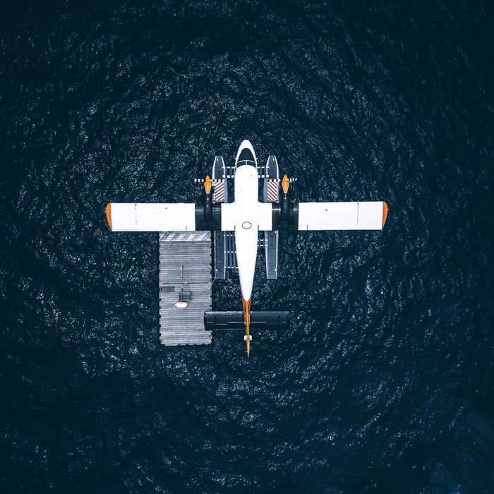 Aerial view of a seaplane on a dock
