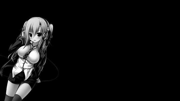 Anime girl with headphones in school uniform