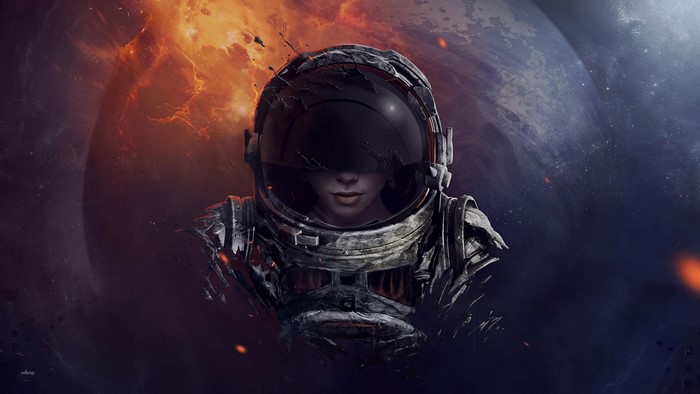 Astronaut in a damaged spacesuit against a cosmic background
