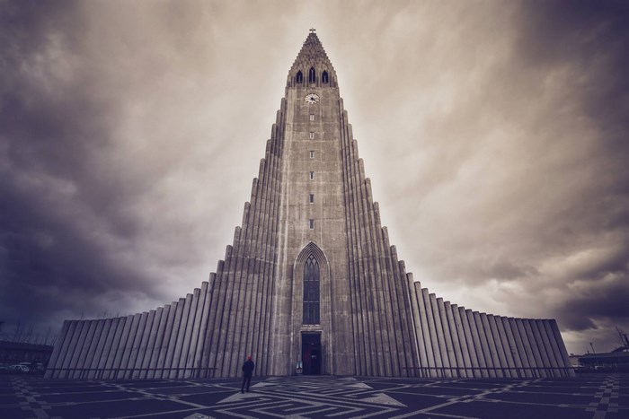 Hallgrímskirkja church in Iceland under a cloudy sky