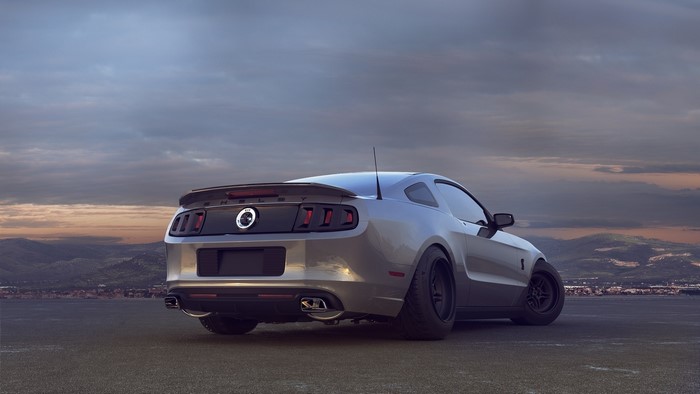 Ford Mustang Shelby rear view with landscape