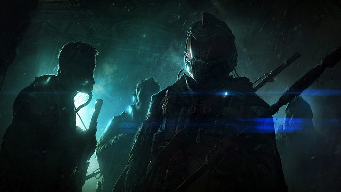 Futuristic soldiers in a dark, rainy environment