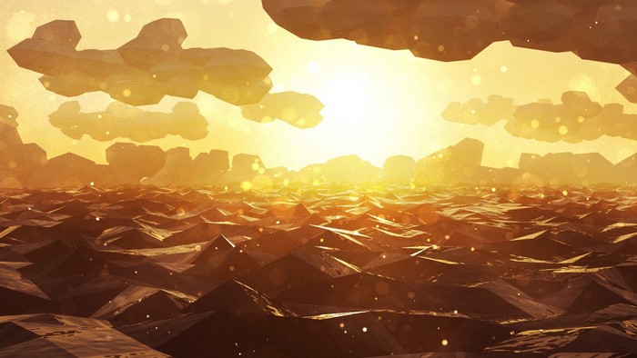 Orange low-poly landscape with floating islands at sunset