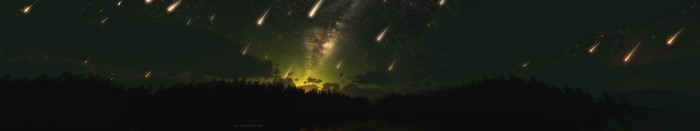 Meteors shower over a dark forest and lake