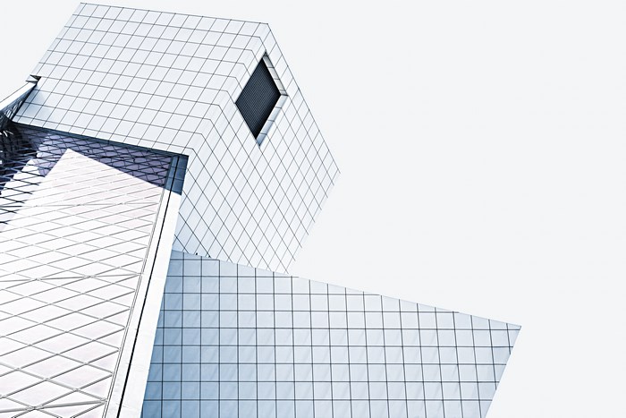 Modern geometric building facade with grid pattern