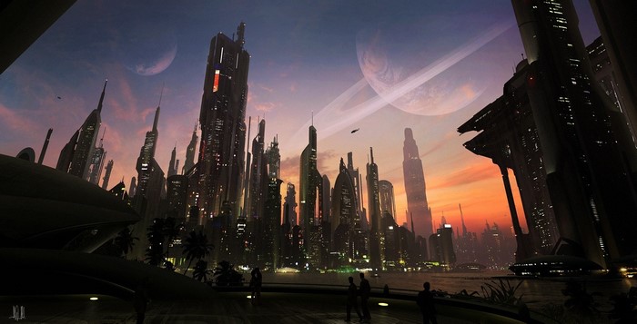 Futuristic cityscape with planets at sunset