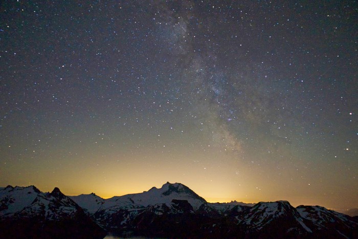 Milky Way over snow-capped mountains at night