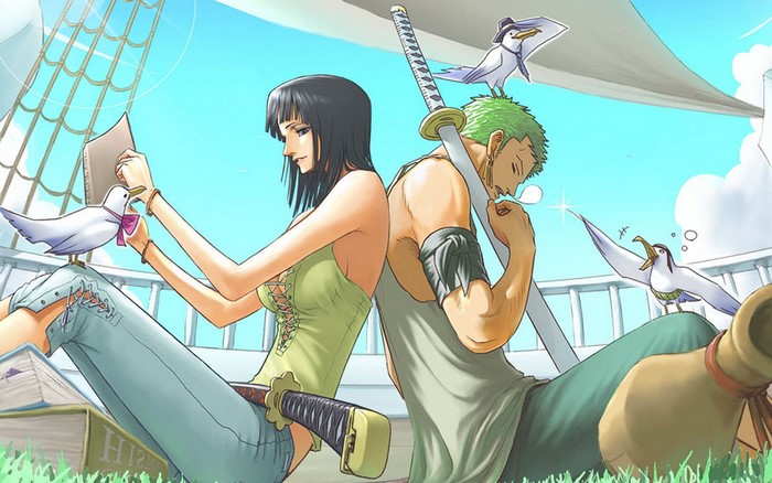 Roronoa Zoro and Nico Robin from One Piece with seagulls