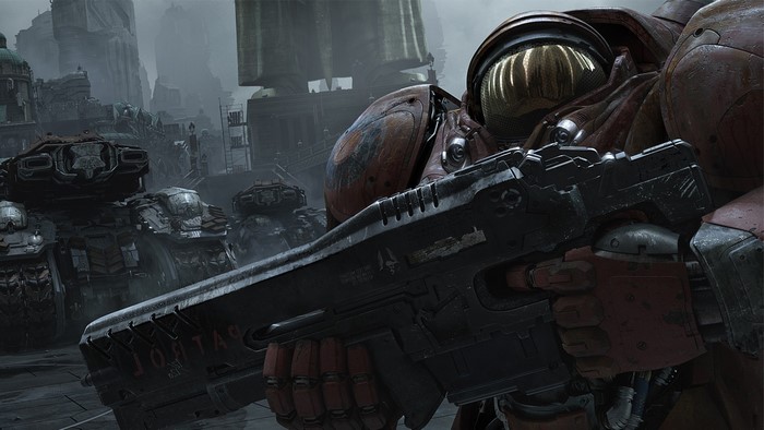 Terran Marine with rifle and tanks in city