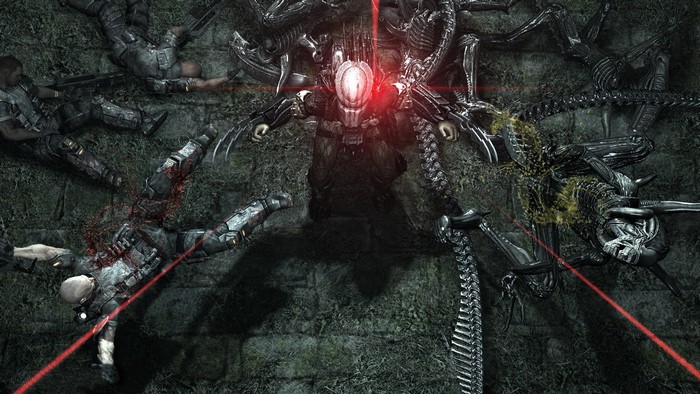 Predator and Xenomorphs fighting soldiers