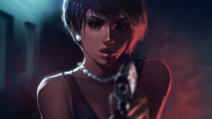 Woman with short hair holding a gun