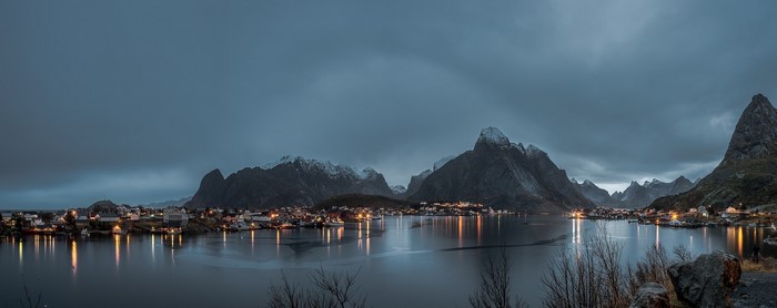 Panorama of Lofoten Islands, Norway at dusk