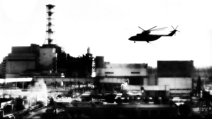 Helicopter flying over Chernobyl nuclear power plant