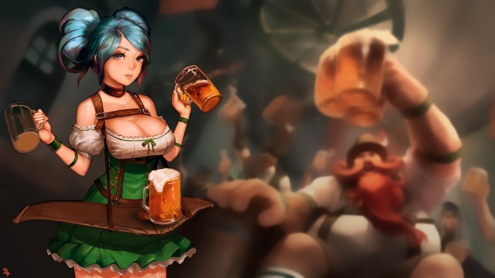 Anime girl serving beer in a crowded pub