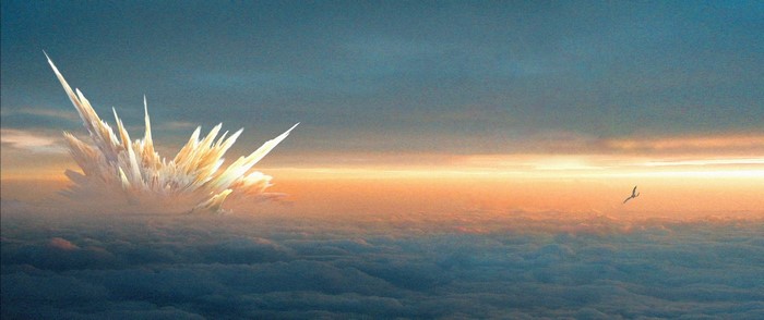 Explosion in the clouds with a bird flying