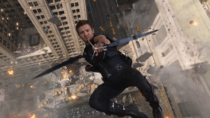 Hawkeye from The Avengers falling in a city