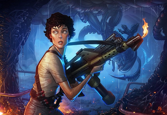 Ellen Ripley from Aliens with a flamethrower