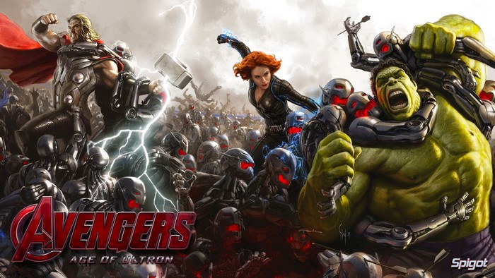 Avengers: Age of Ultron concept art with Thor, Hulk, Black Widow, and Ultron bots