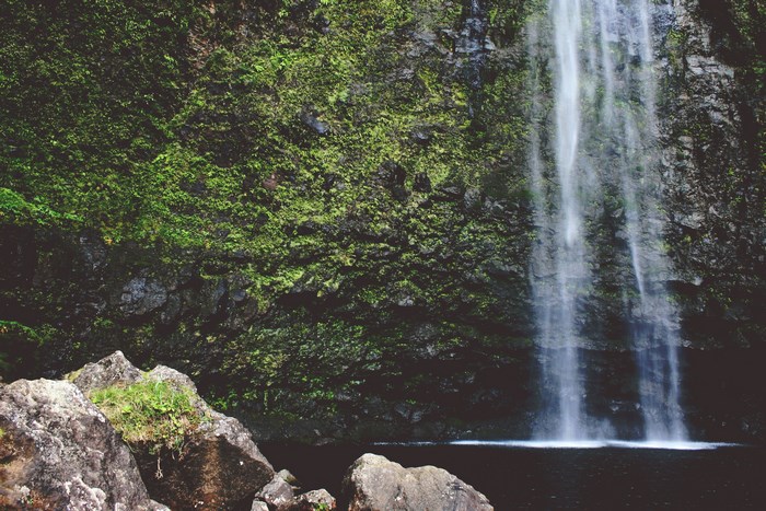 Moss-covered cliff with a cascading waterfall