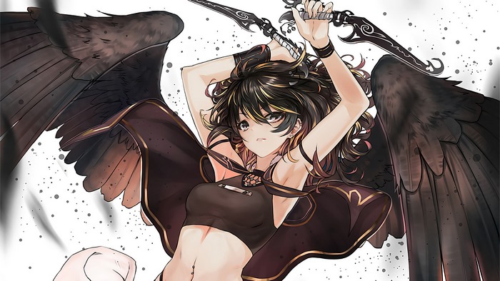 Anime girl with black wings and daggers