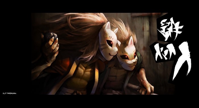 Two anime boys wearing Kitsune masks