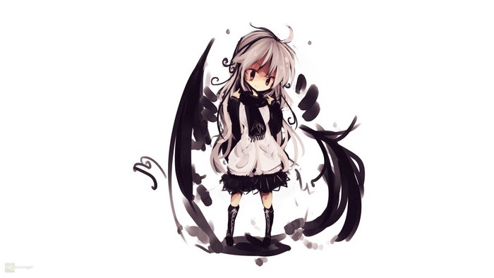 Chibi girl with white hair and black wings