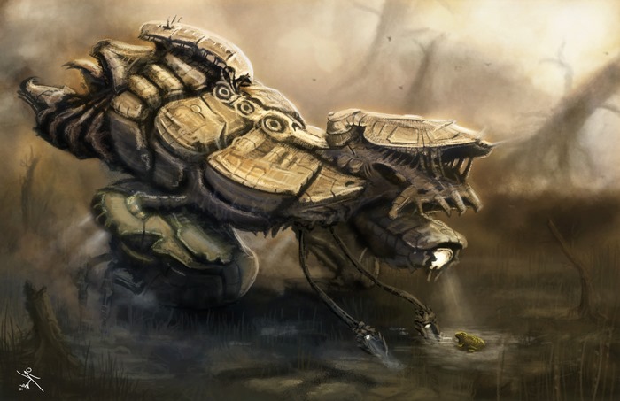 Mechanical creature in a swamp with a frog