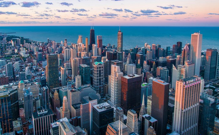 Chicago skyline at dusk with Lake Michigan